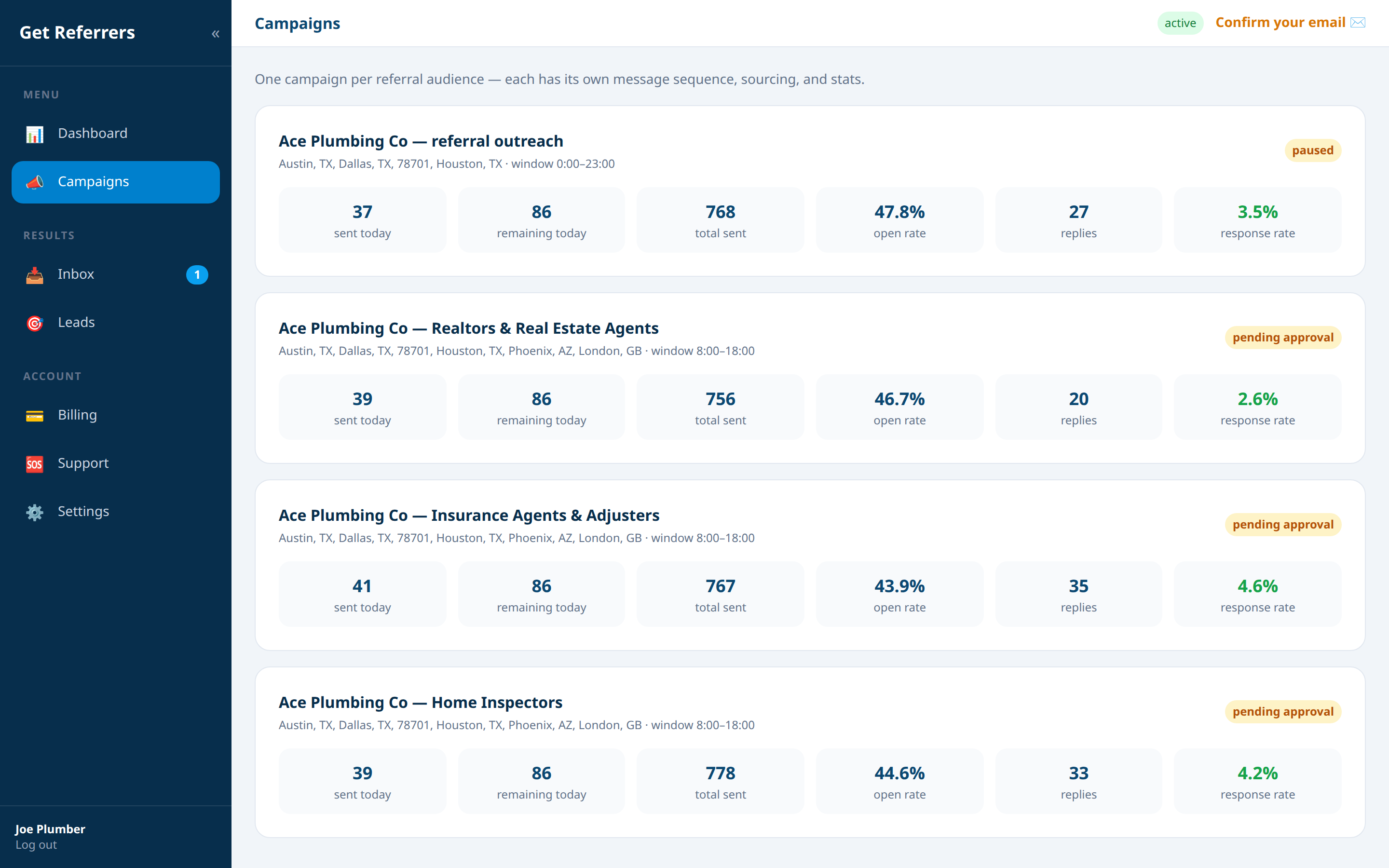6. Campaigns overview — Get Referrers platform screenshot