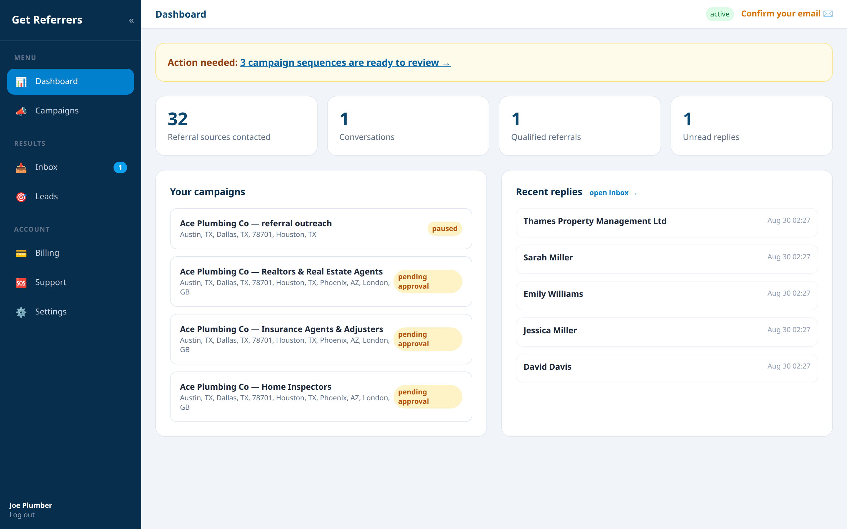 5. Client dashboard — Get Referrers platform screenshot