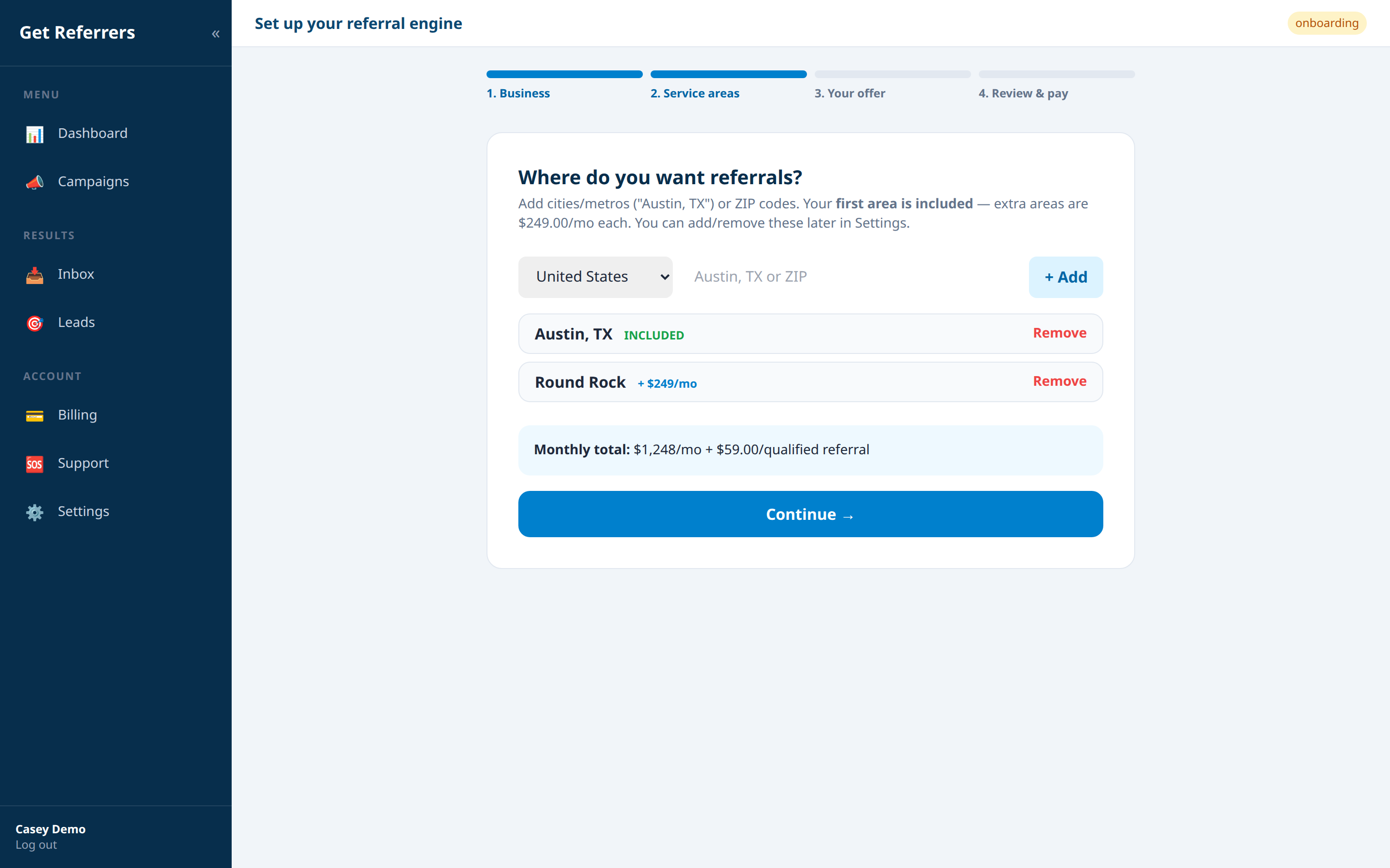 2. Onboarding — service areas — Get Referrers platform screenshot