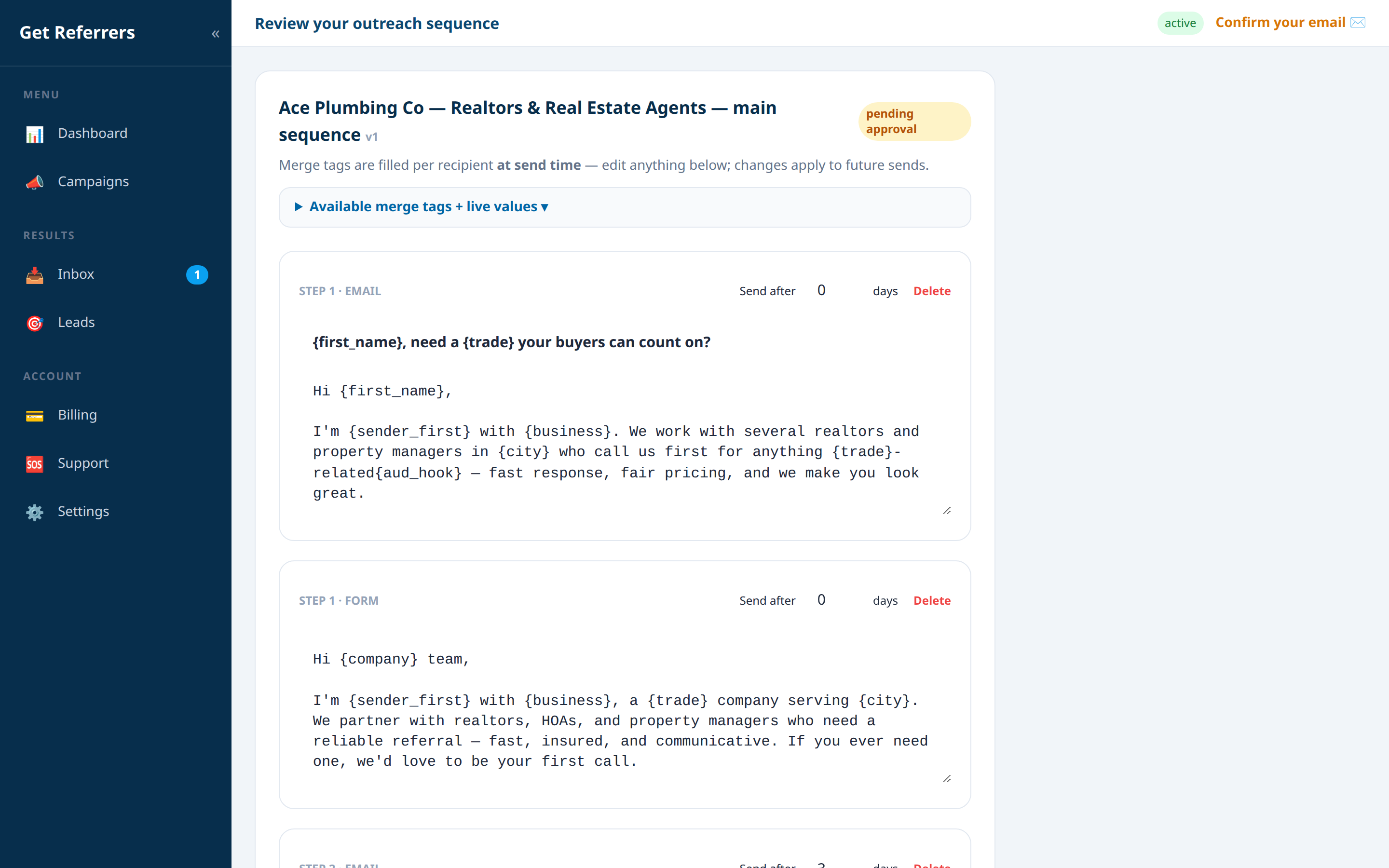 8. Message sequences — you approve — Get Referrers platform screenshot